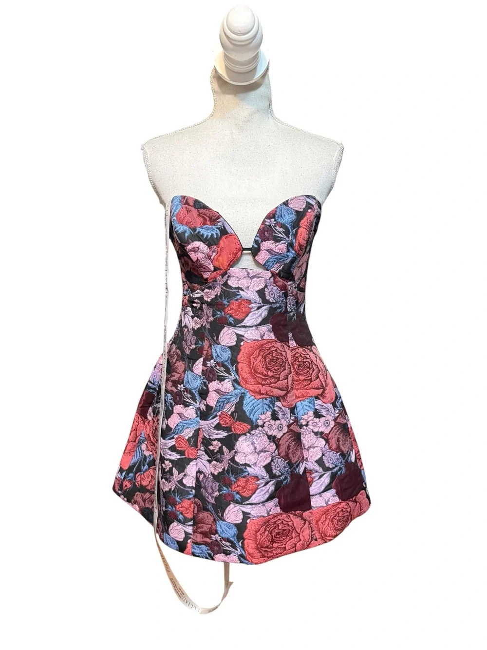 elliatt delphine red & pink tulip floral jacquard sweetheart mini dress small - Picture 2 of 6